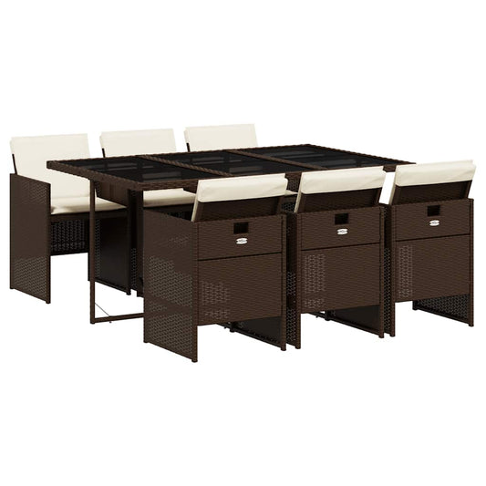 7 Piece Garden Dining Set with Cushions Brown Poly Rattan