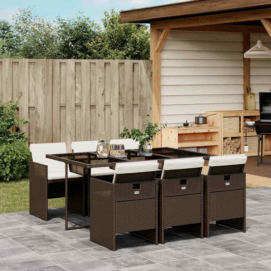 7 Piece Garden Dining Set with Cushions Brown Poly Rattan