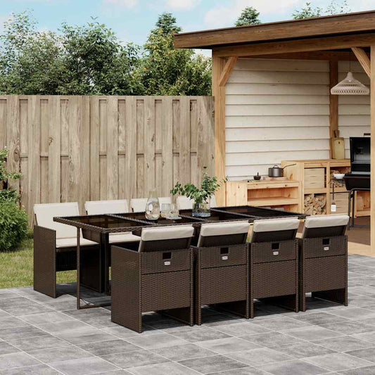 9 Piece Garden Dining Set with Cushions Brown Poly Rattan