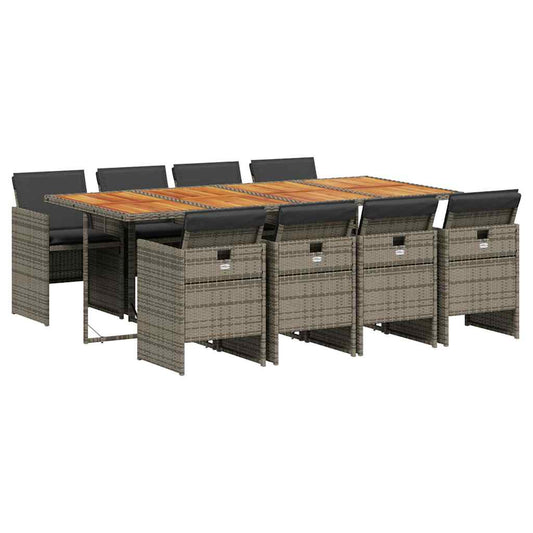 9 Piece Garden Dining Set with Cushions Grey Poly Rattan
