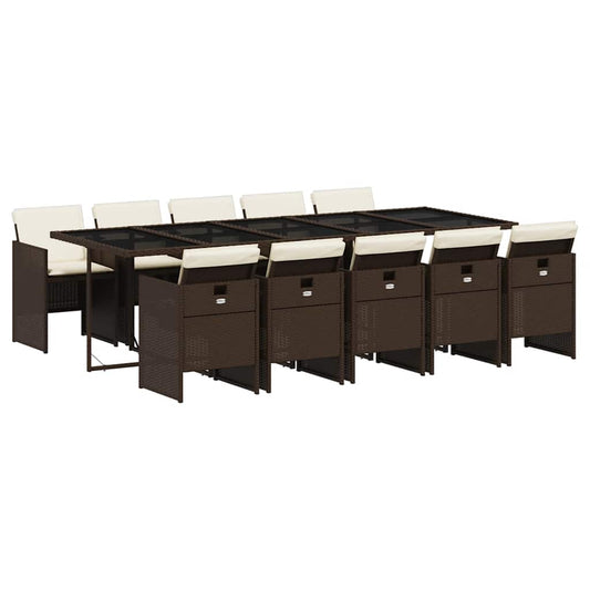 11 Piece Garden Dining Set with Cushions Brown Poly Rattan