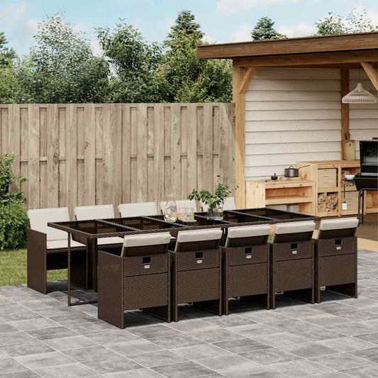 11 Piece Garden Dining Set with Cushions Brown Poly Rattan