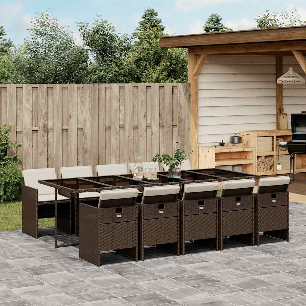 11 Piece Garden Dining Set with Cushions Brown Poly Rattan