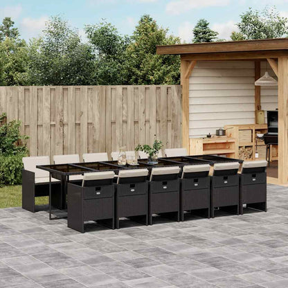 13 Piece Garden Dining Set with Cushions Black Poly Rattan