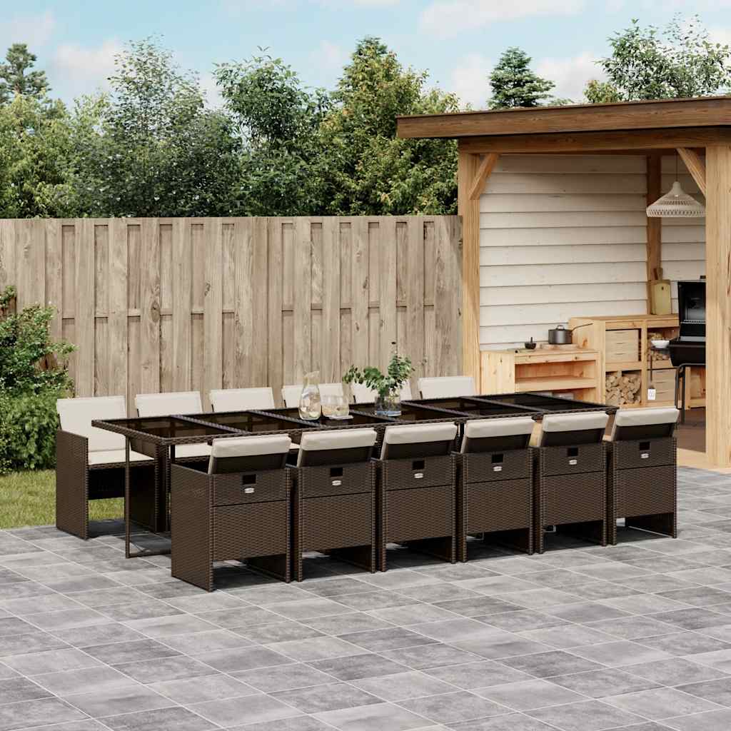 13 Piece Garden Dining Set with Cushions Brown Poly Rattan