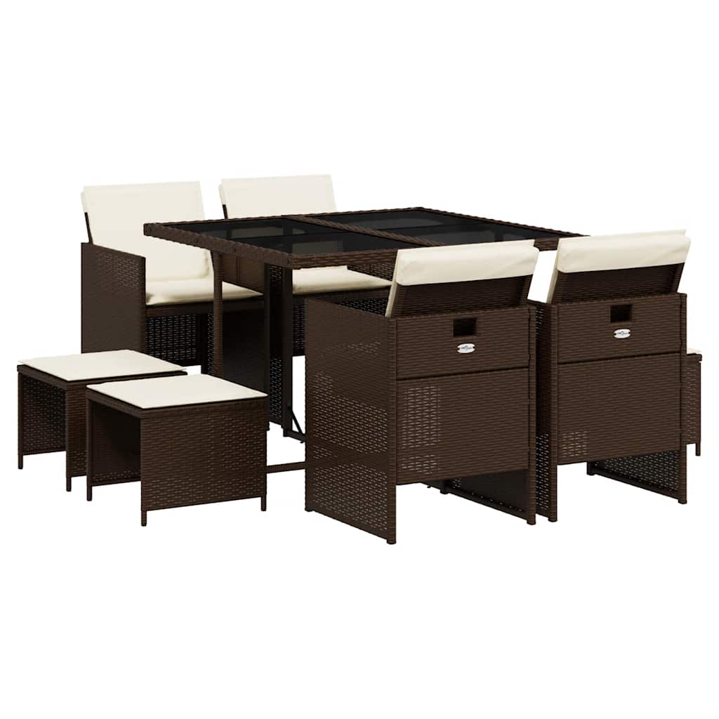 9 Piece Garden Dining Set with Cushions Brown Poly Rattan