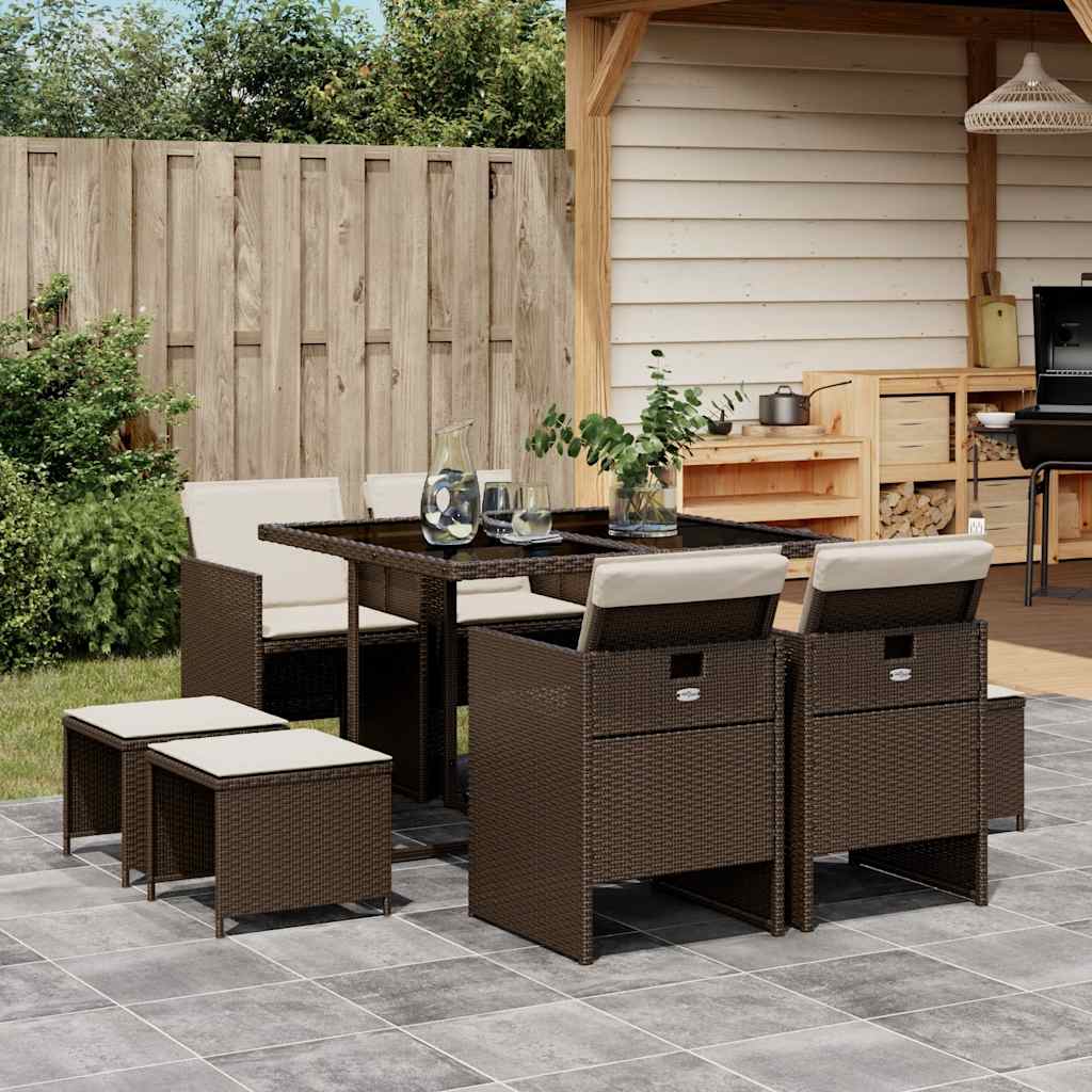 9 Piece Garden Dining Set with Cushions Brown Poly Rattan