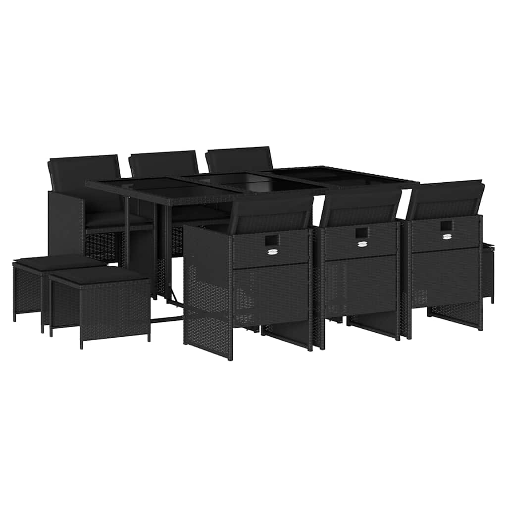 11 Piece Garden Dining Set with Cushions Black Poly Rattan