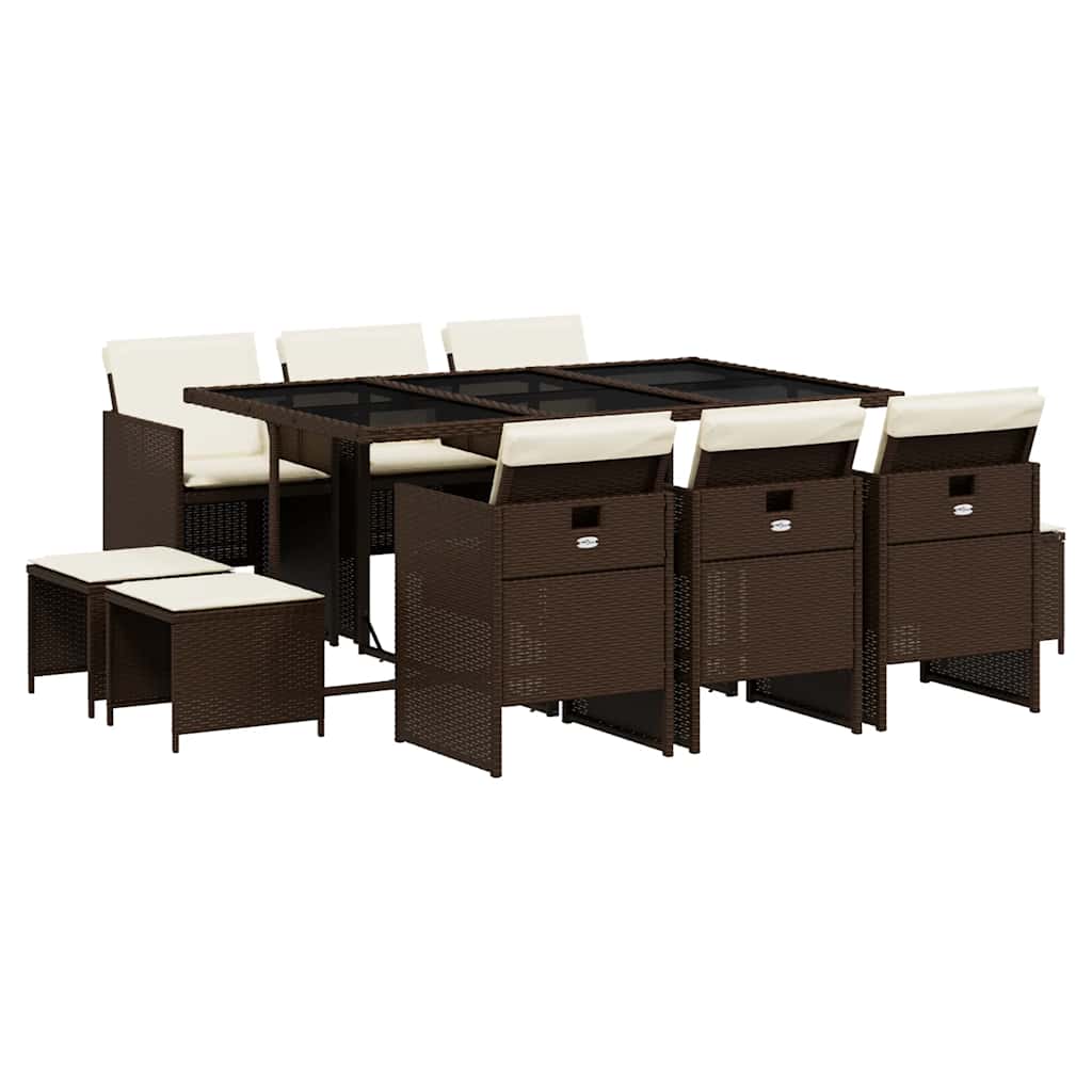 11 Piece Garden Dining Set with Cushions Brown Poly Rattan