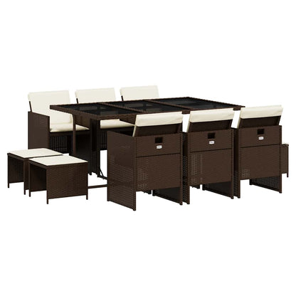 11 Piece Garden Dining Set with Cushions Brown Poly Rattan