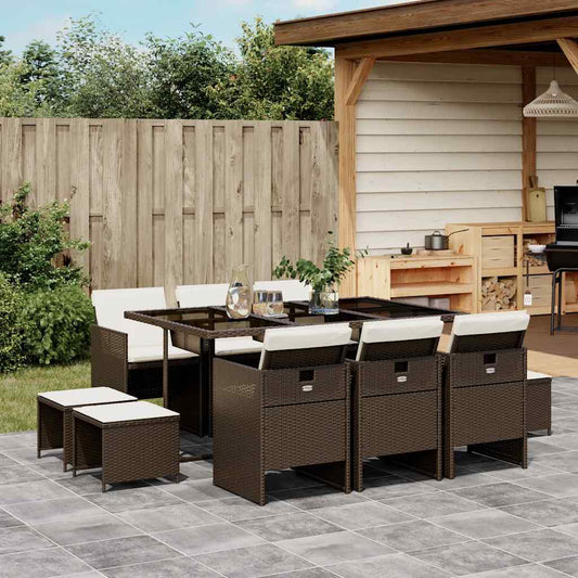 11 Piece Garden Dining Set with Cushions Brown Poly Rattan