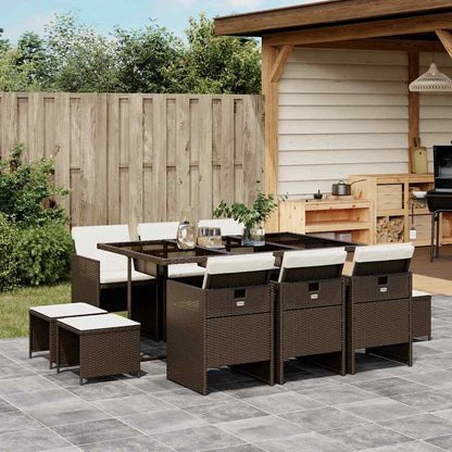 11 Piece Garden Dining Set with Cushions Brown Poly Rattan