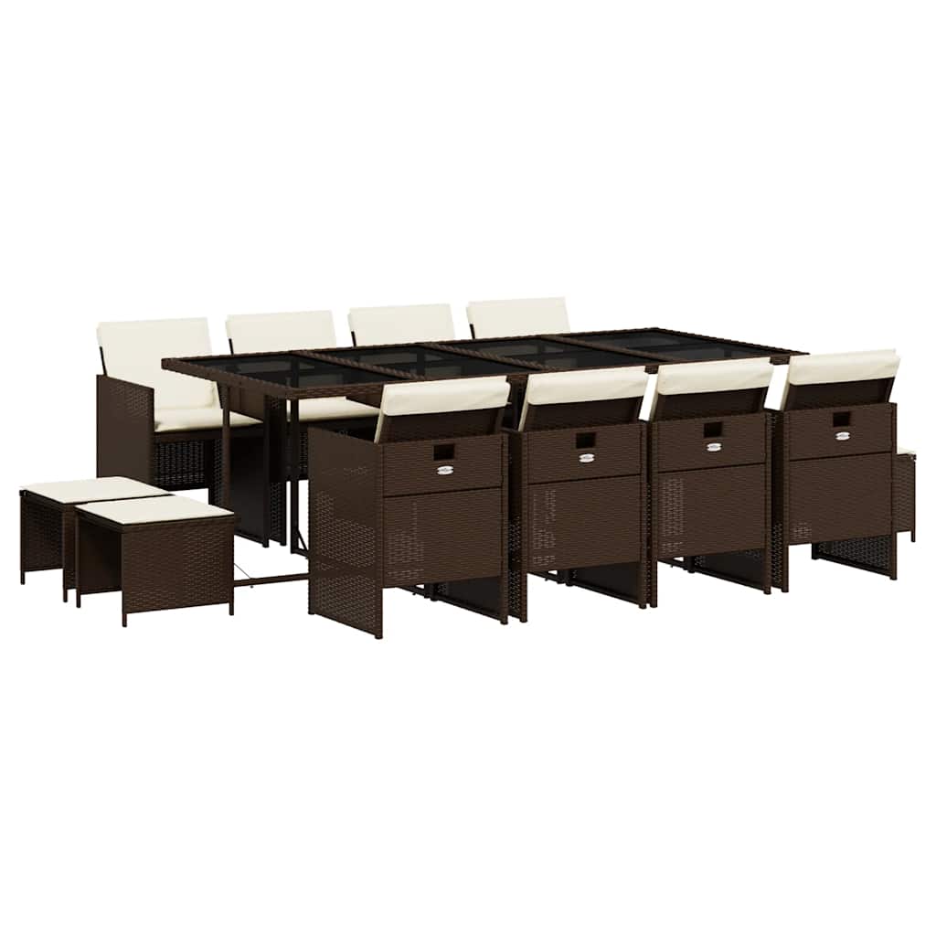 13 Piece Garden Dining Set with Cushions Brown Poly Rattan