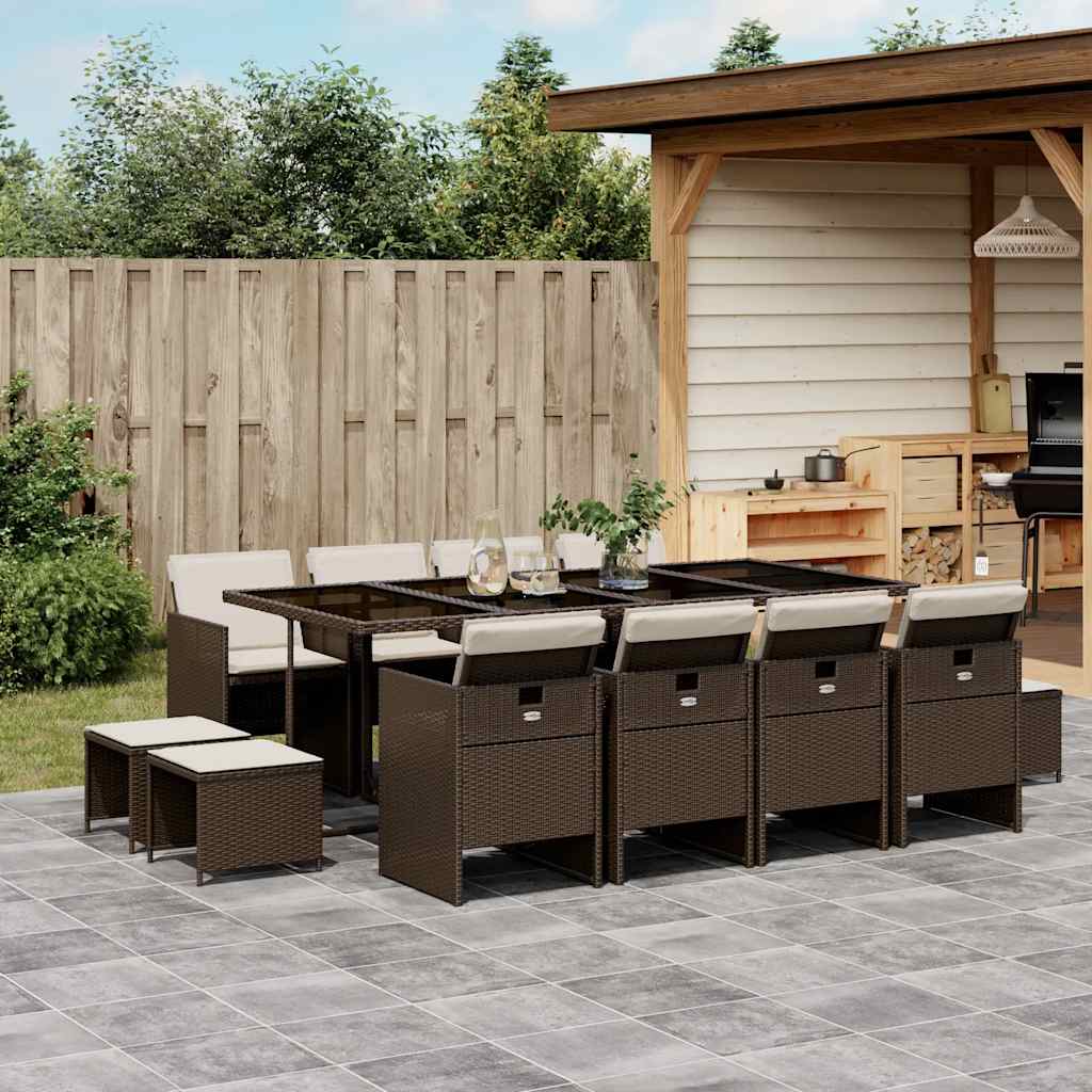 13 Piece Garden Dining Set with Cushions Brown Poly Rattan