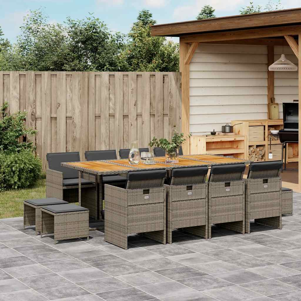 13 Piece Garden Dining Set with Cushions Grey Poly Rattan