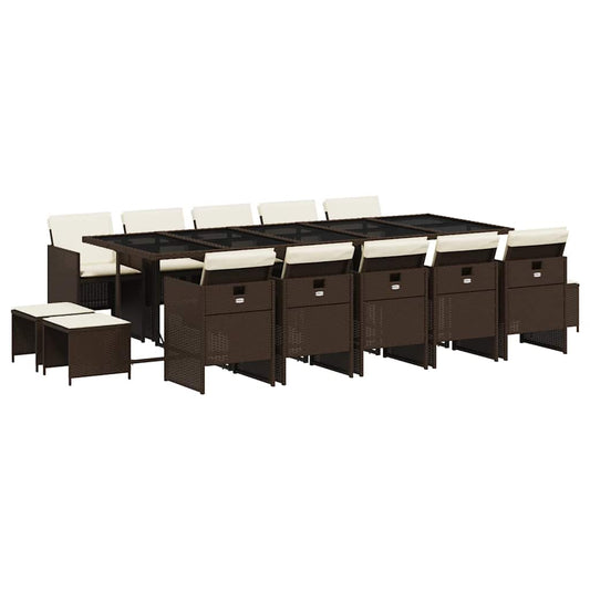 15 Piece Garden Dining Set with Cushions Brown Poly Rattan