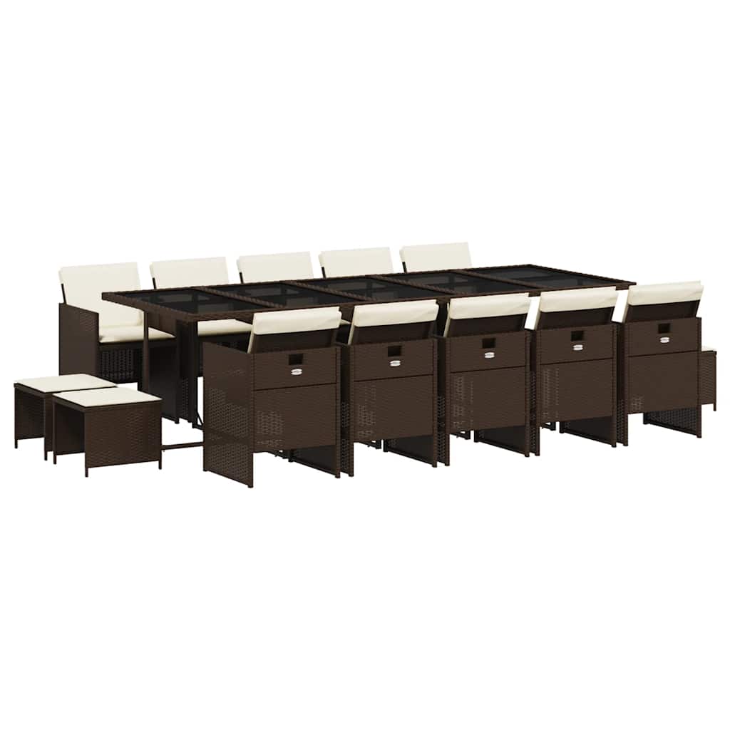 15 Piece Garden Dining Set with Cushions Brown Poly Rattan