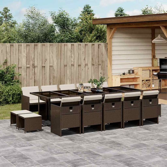 15 Piece Garden Dining Set with Cushions Brown Poly Rattan