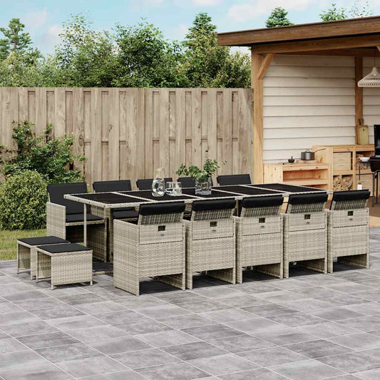15 Piece Garden Dining Set with Cushions Light Grey Poly Rattan