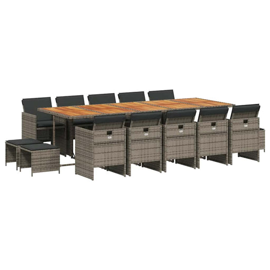 15 Piece Garden Dining Set with Cushions Grey Poly Rattan