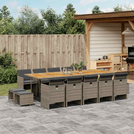 15 Piece Garden Dining Set with Cushions Grey Poly Rattan