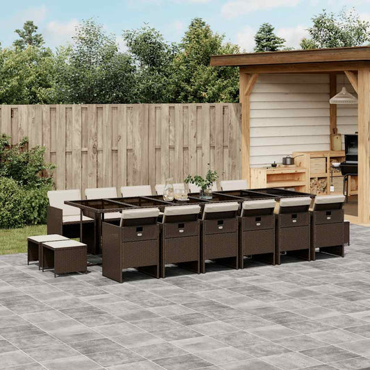 17 Piece Garden Dining Set with Cushions Brown Poly Rattan