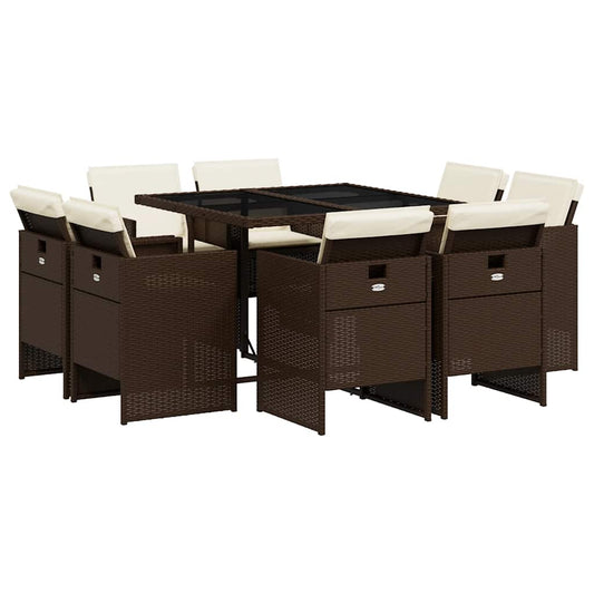 9 Piece Garden Dining Set with Cushions Brown Poly Rattan
