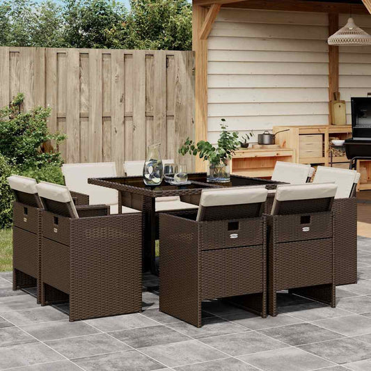 9 Piece Garden Dining Set with Cushions Brown Poly Rattan