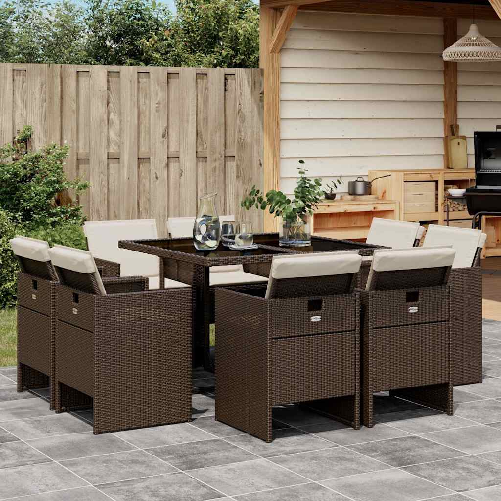 9 Piece Garden Dining Set with Cushions Brown Poly Rattan