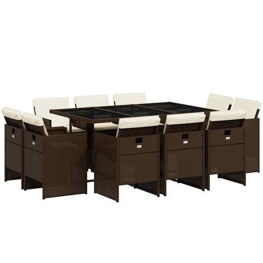 11 Piece Garden Dining Set with Cushions Brown Poly Rattan