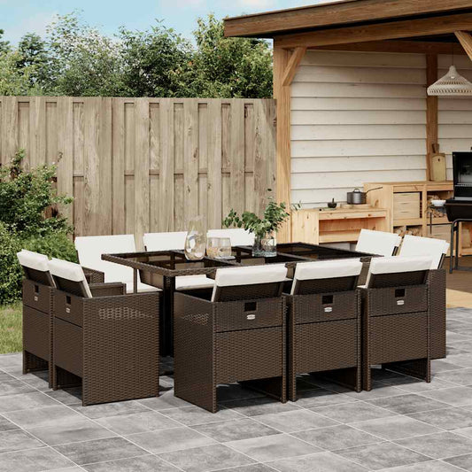 11 Piece Garden Dining Set with Cushions Brown Poly Rattan