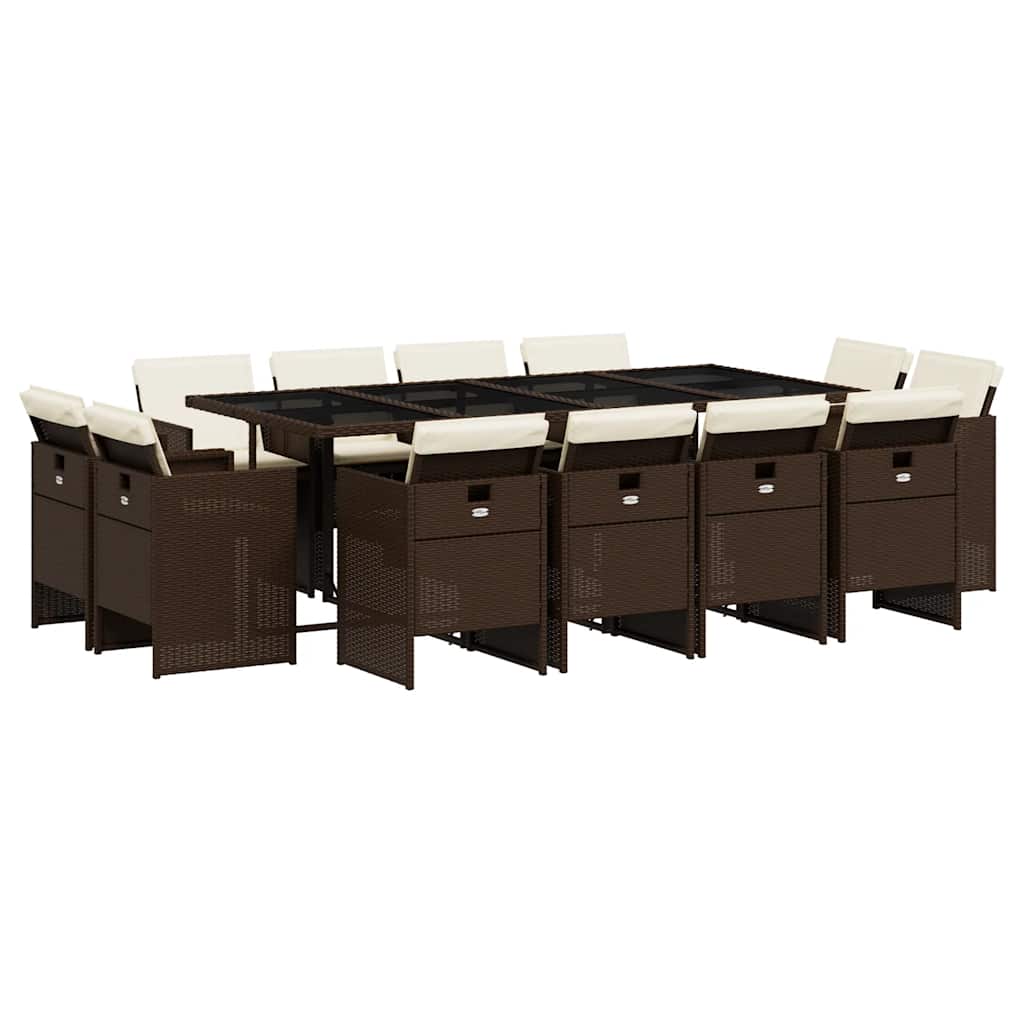 13 Piece Garden Dining Set with Cushions Brown Poly Rattan