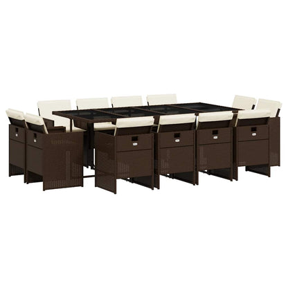13 Piece Garden Dining Set with Cushions Brown Poly Rattan