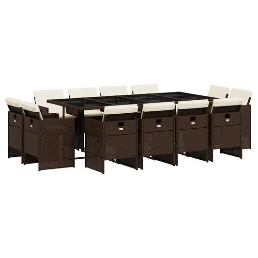 13 Piece Garden Dining Set with Cushions Brown Poly Rattan