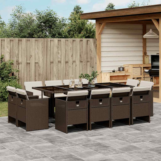 13 Piece Garden Dining Set with Cushions Brown Poly Rattan