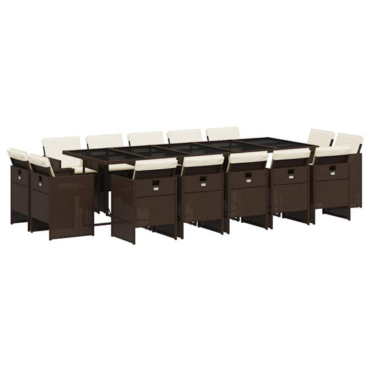 15 Piece Garden Dining Set with Cushions Brown Poly Rattan