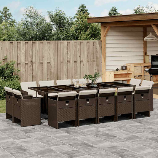 15 Piece Garden Dining Set with Cushions Brown Poly Rattan