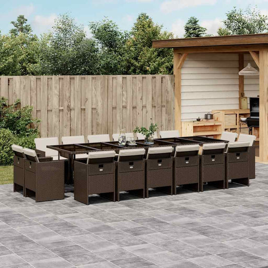 17 Piece Garden Dining Set with Cushions Brown Poly Rattan