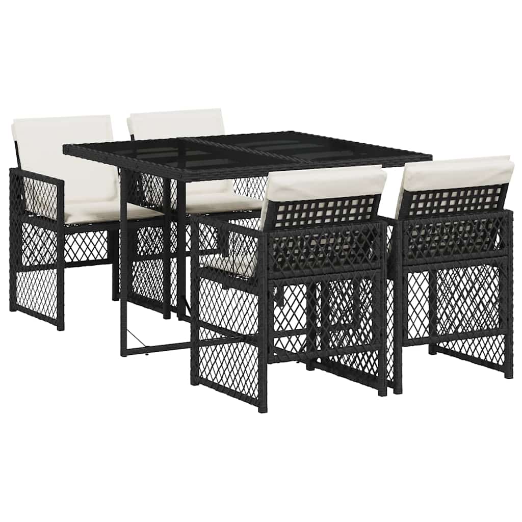 5 Piece Garden Dining Set with Cushions Black Poly Rattan