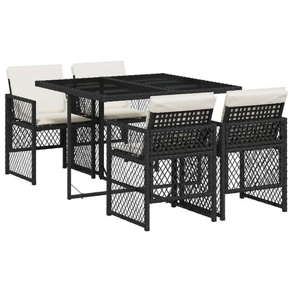 5 Piece Garden Dining Set with Cushions Black Poly Rattan