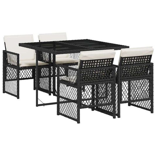 5 Piece Garden Dining Set with Cushions Black Poly Rattan