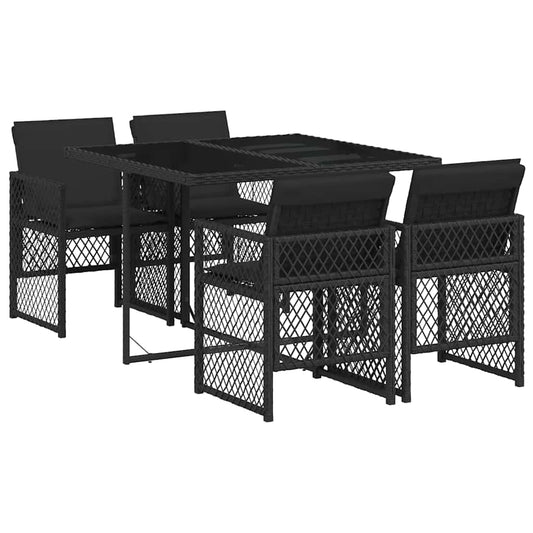 5 Piece Garden Dining Set with Cushions Black Poly Rattan