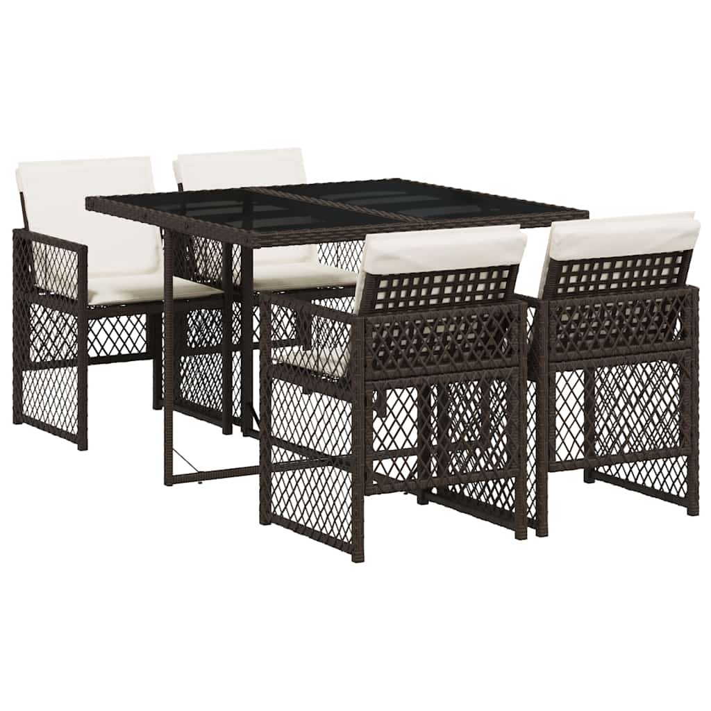 5 Piece Garden Dining Set with Cushions Brown Poly Rattan