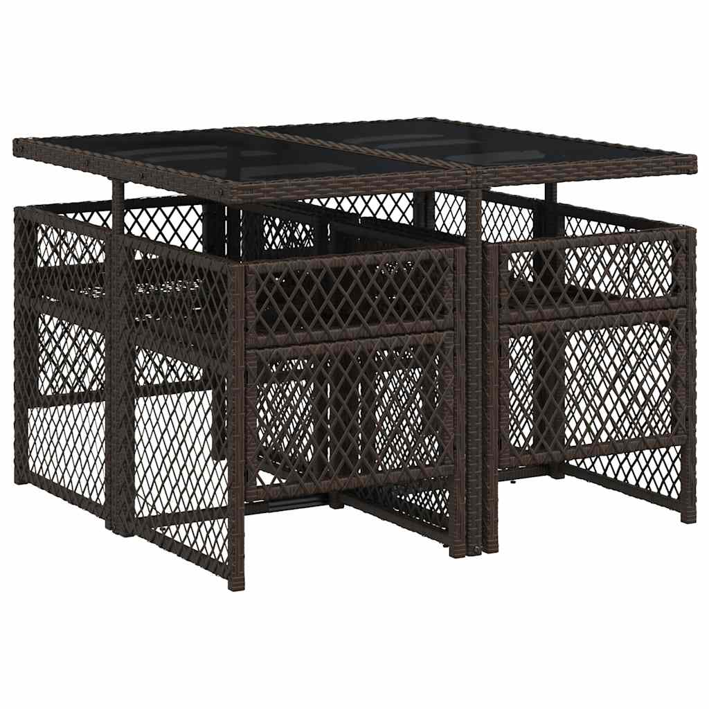 5 Piece Garden Dining Set with Cushions Brown Poly Rattan