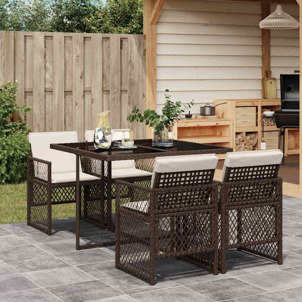 5 Piece Garden Dining Set with Cushions Brown Poly Rattan