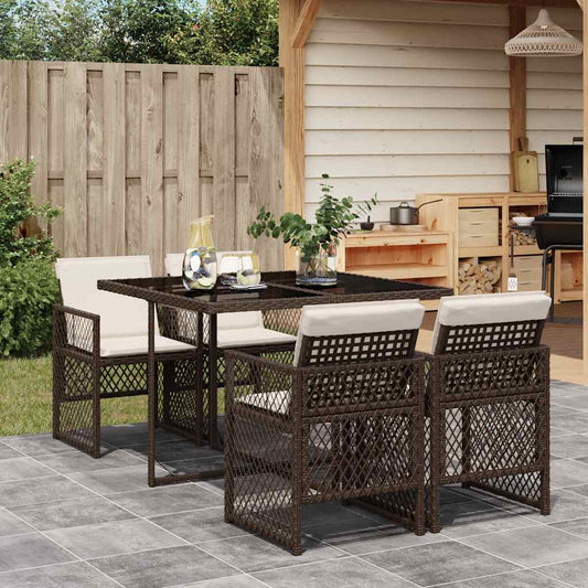 5 Piece Garden Dining Set with Cushions Brown Poly Rattan