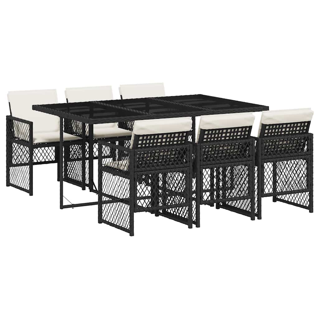 7 Piece Garden Dining Set with Cushions Black Poly Rattan