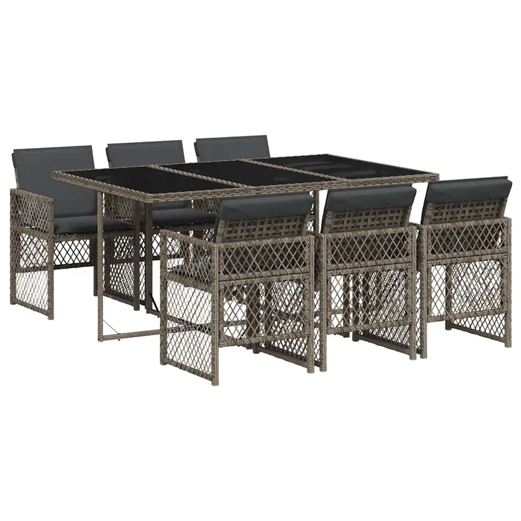 7 Piece Garden Dining Set with Cushions Grey Poly Rattan
