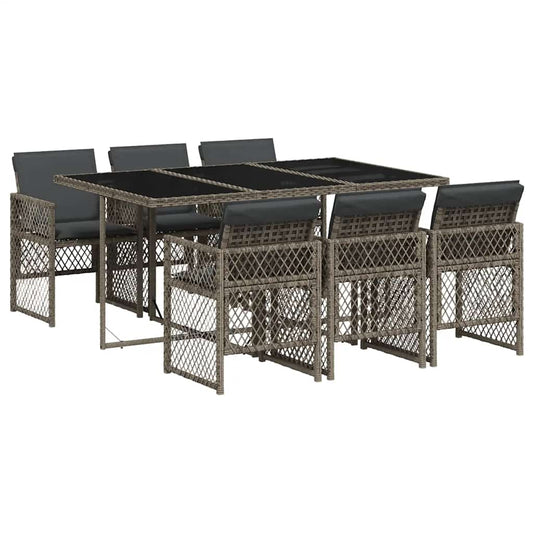 7 Piece Garden Dining Set with Cushions Grey Poly Rattan