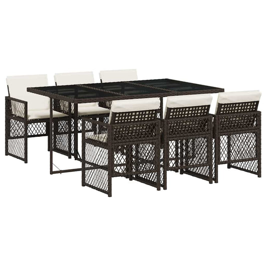 7 Piece Garden Dining Set with Cushions Brown Poly Rattan